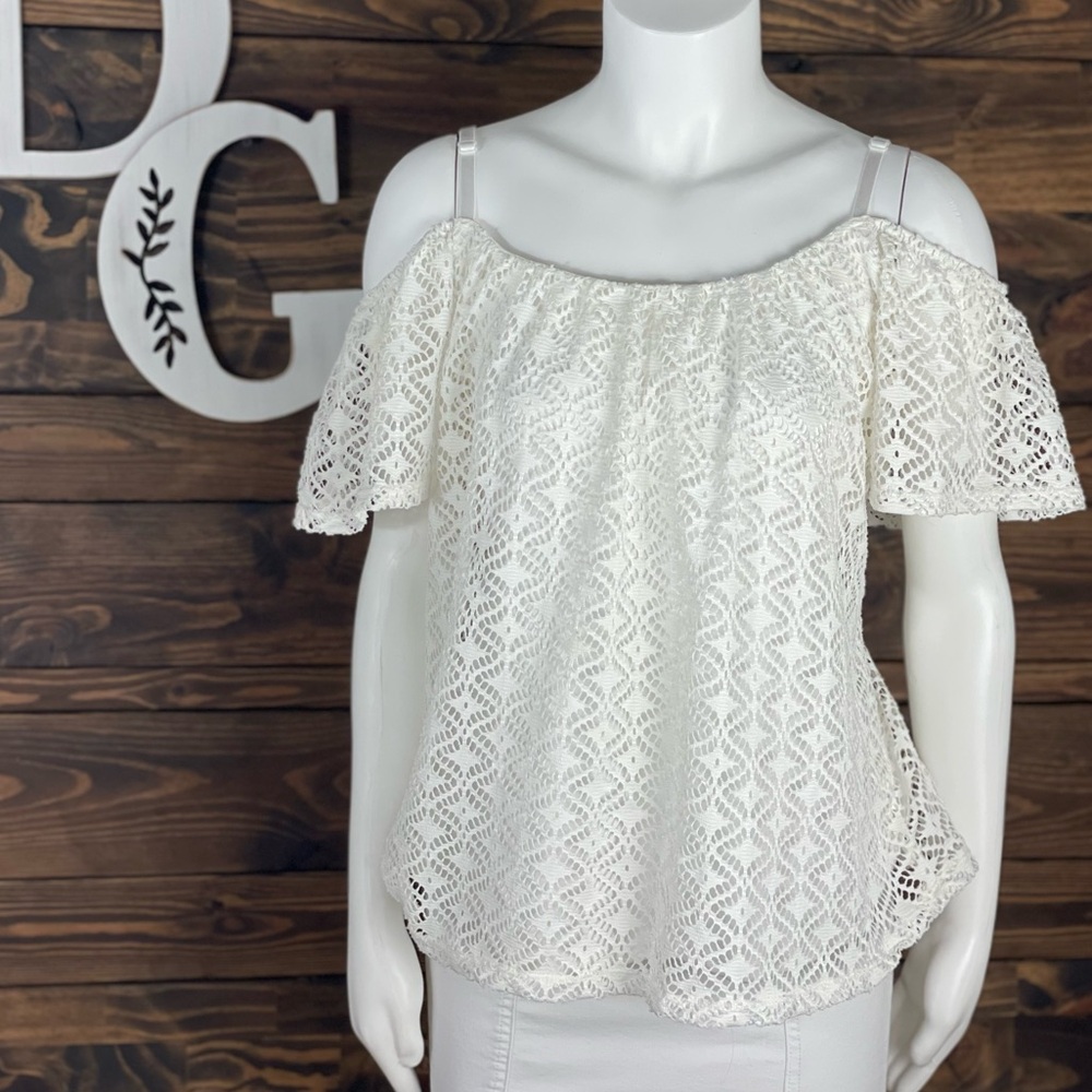 Maurices | Layered Laser Cut Lace Jersey Knit Off Cold Shoulder Blouse White